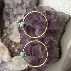 Gold Hoop Pierced Earrings with Turquoise Cabochons